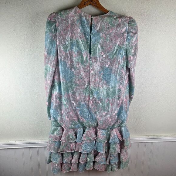 Women's Vintage Judy Hornby Drop Waist Pastel Ruffle Lace Dress Size 14 - Picture 2 of 13